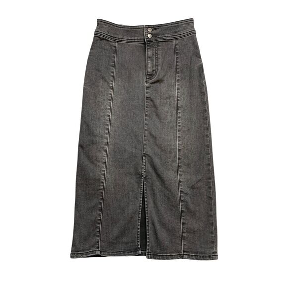 We The Free People Skirt Womens 26 Black Fade Denim Maddie Zip Front Slit Midi - Picture 1 of 12